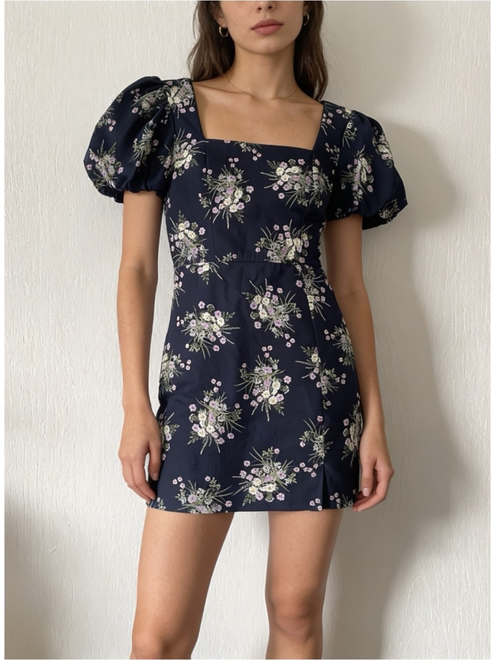 Floral navy bubble sleeve square-neck mini dress, NWOT